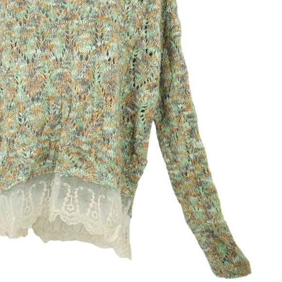 Gimmicks By BKE Pullover Sweater Womens Size L Open Knit Lace Hem Trim Green Tan - Picture 11 of 15